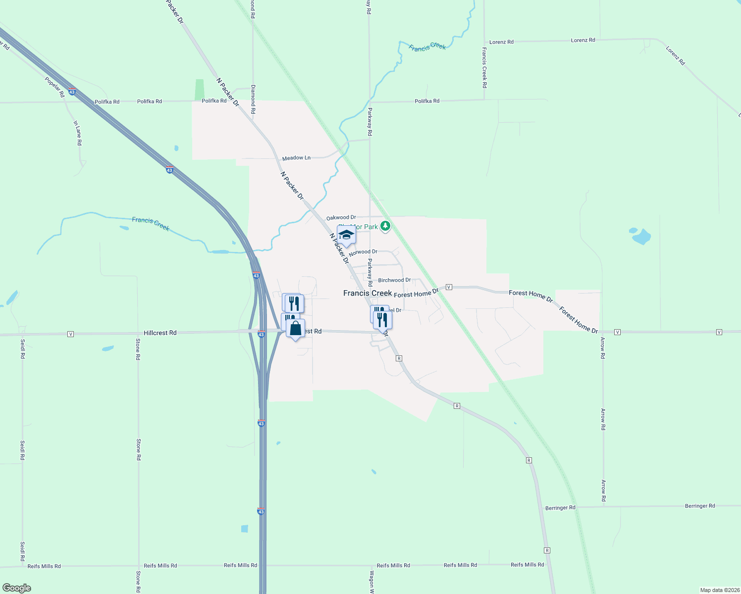 map of restaurants, bars, coffee shops, grocery stores, and more near 415 Forest Home Drive in Manitowoc