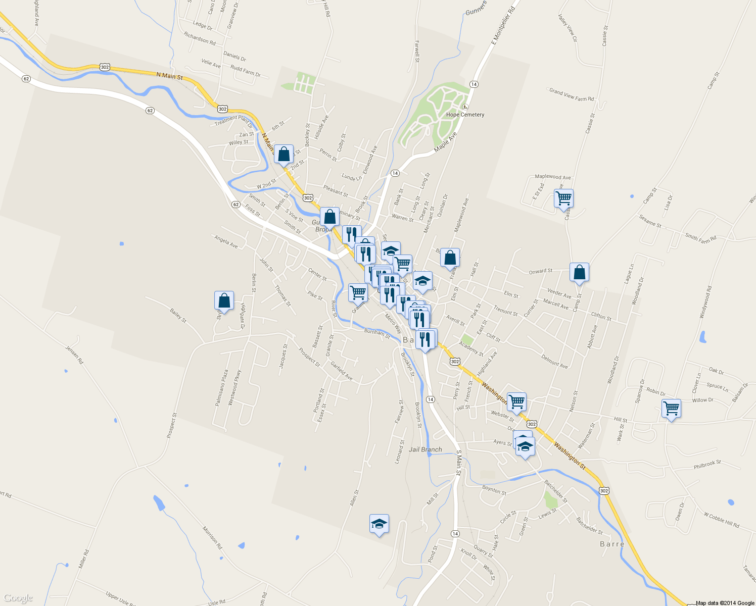 map of restaurants, bars, coffee shops, grocery stores, and more near 16 Enterprise Alley in Barre