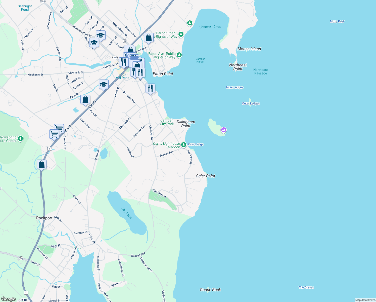 map of restaurants, bars, coffee shops, grocery stores, and more near 150 Bay View Street in Camden