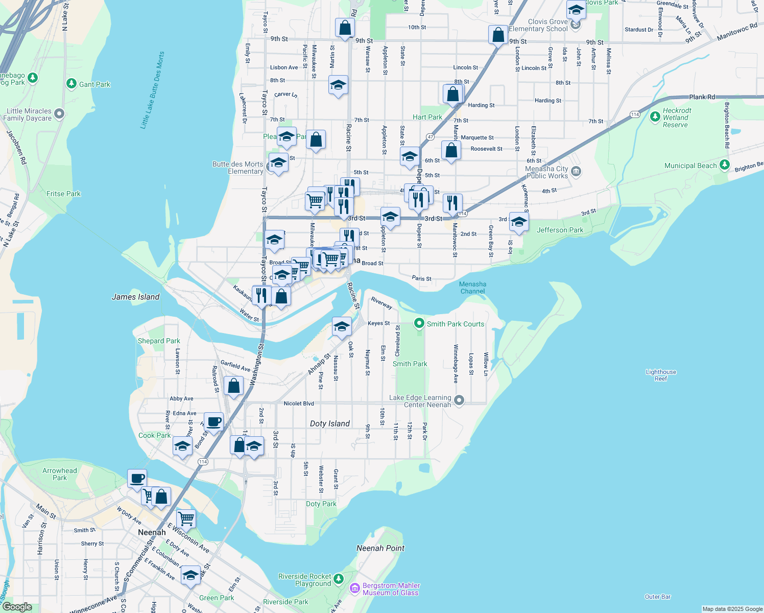 map of restaurants, bars, coffee shops, grocery stores, and more near 213 Elm Street in Menasha