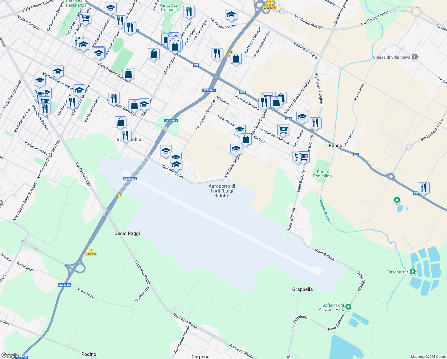 map of restaurants, bars, coffee shops, grocery stores, and more near 103 Via Carlo Seganti in Forlì