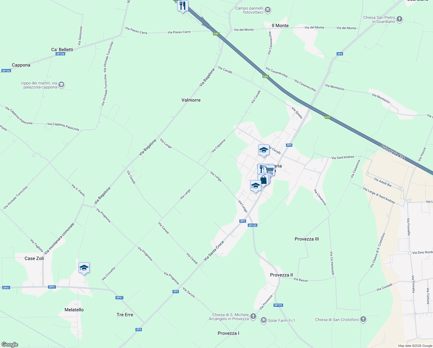map of restaurants, bars, coffee shops, grocery stores, and more near 576 Via Lunga in Provincia di Forlì-Cesena