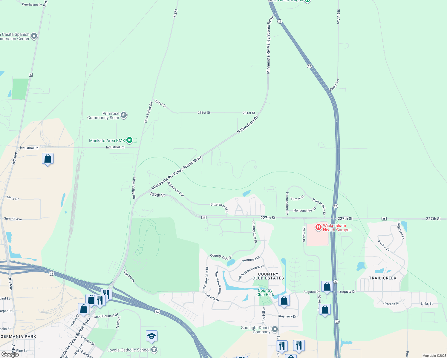 map of restaurants, bars, coffee shops, grocery stores, and more near 125 Kestrel Drive in Mankato