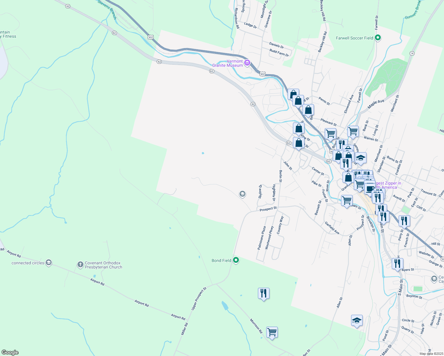 map of restaurants, bars, coffee shops, grocery stores, and more near 131 Bailey St in Barre