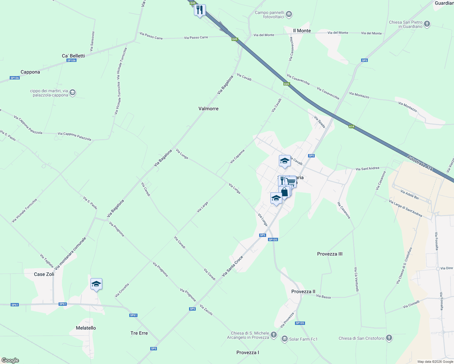map of restaurants, bars, coffee shops, grocery stores, and more near 576 Via Lunga in Provincia di Forlì-Cesena