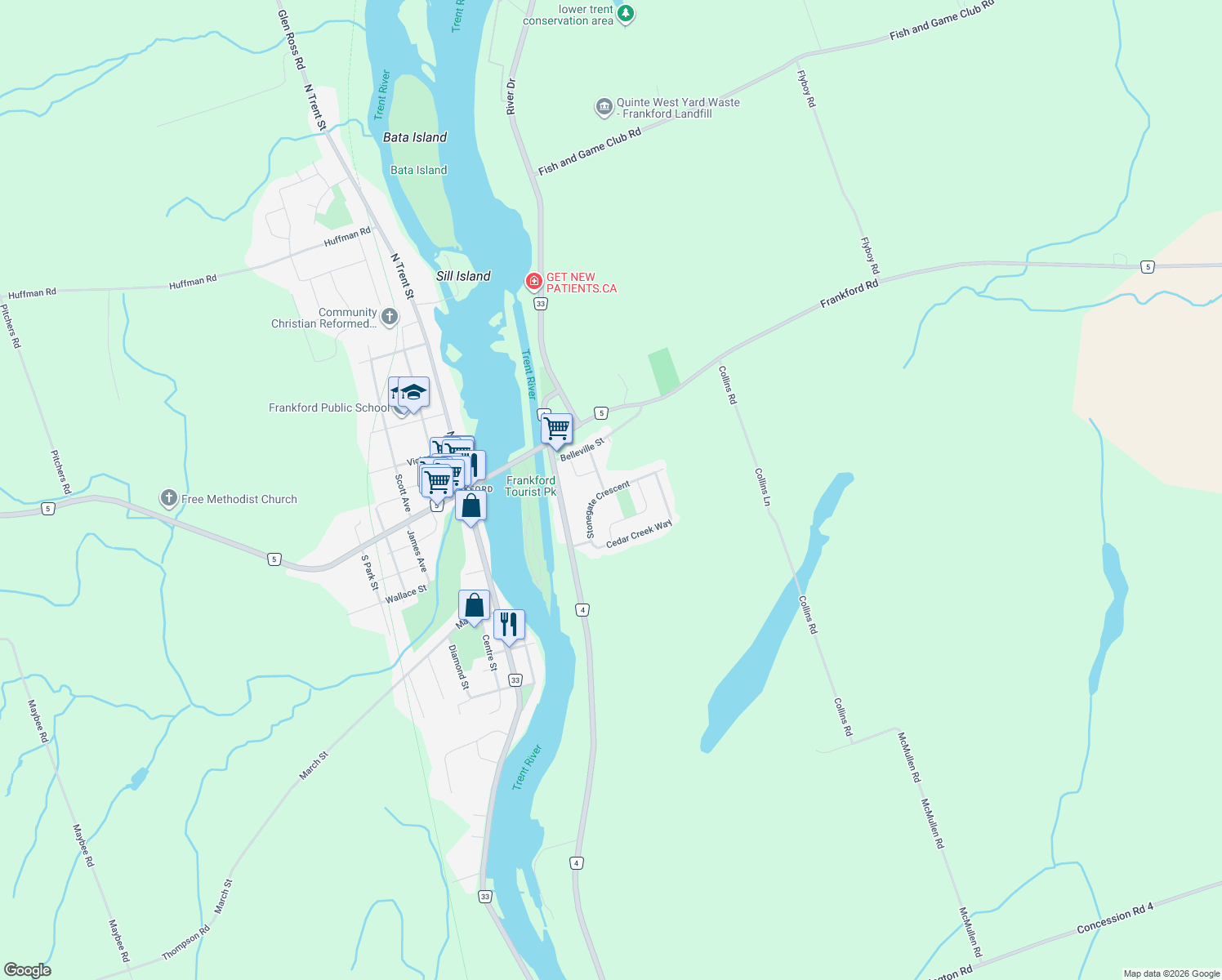 map of restaurants, bars, coffee shops, grocery stores, and more near 24 Stonegate Crescent in Quinte West