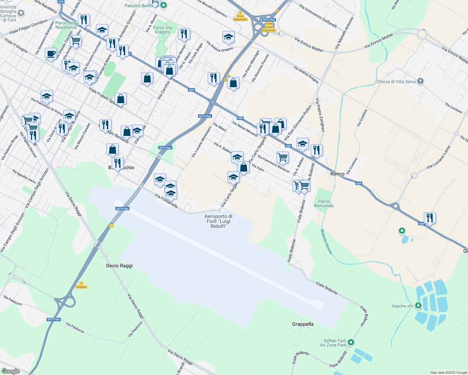 map of restaurants, bars, coffee shops, grocery stores, and more near 103 Via Carlo Seganti in Forli