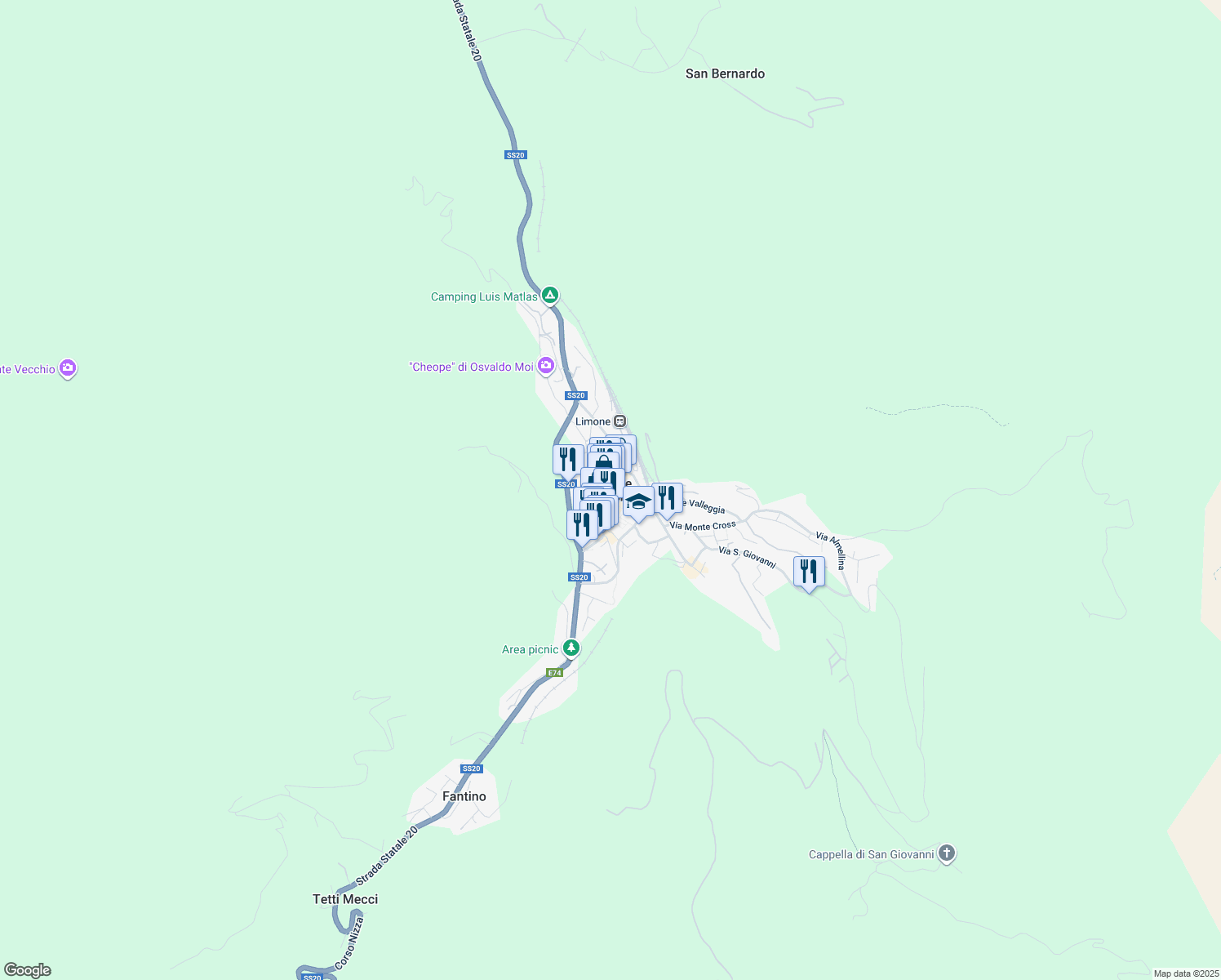 map of restaurants, bars, coffee shops, grocery stores, and more near Via Commendator Beltrandi in Limone Piemonte