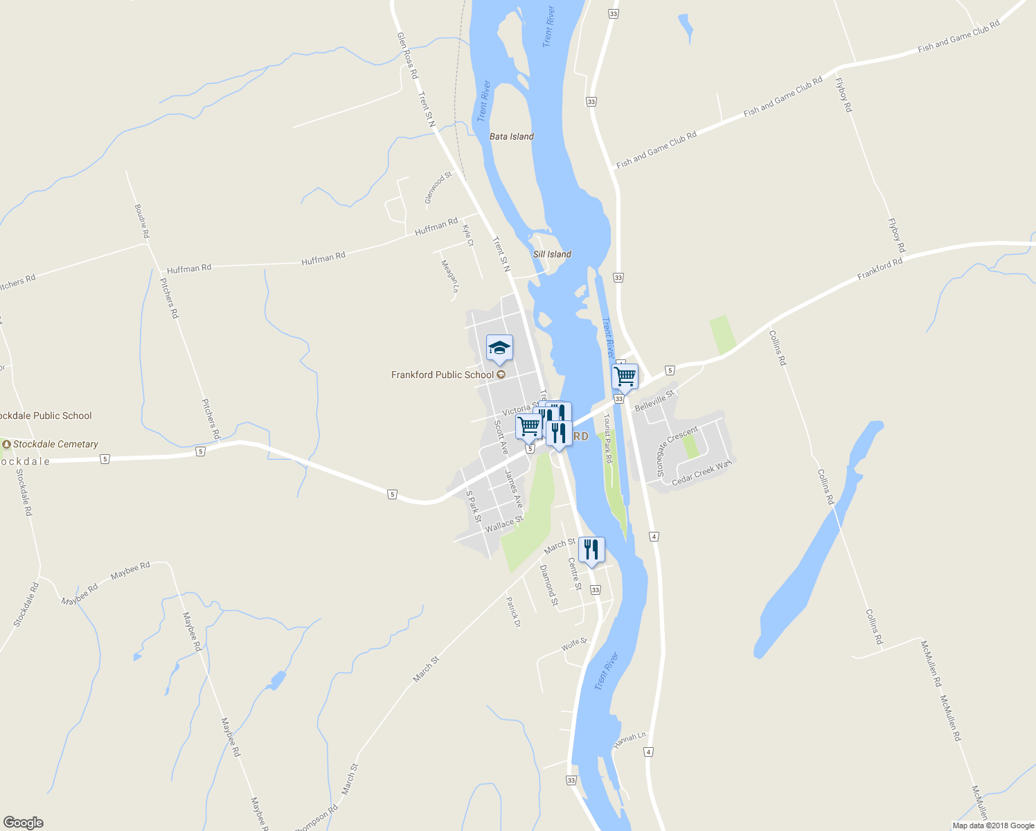 map of restaurants, bars, coffee shops, grocery stores, and more near 43 Victoria Street in Quinte West