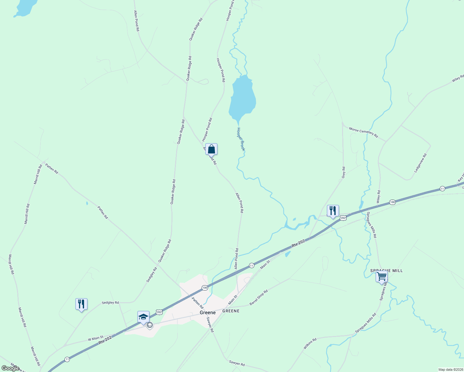 map of restaurants, bars, coffee shops, grocery stores, and more near 154 Allen Pond Road in Greene