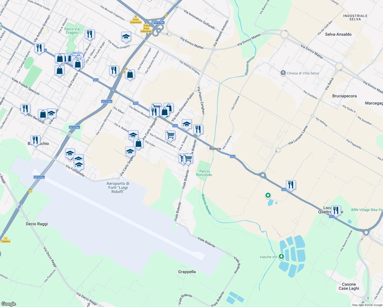 map of restaurants, bars, coffee shops, grocery stores, and more near in Forli