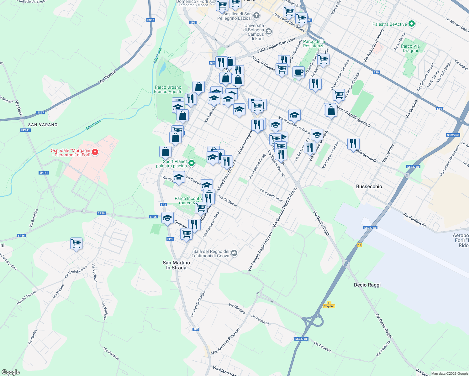 map of restaurants, bars, coffee shops, grocery stores, and more near 93 Via Pietro Bofondi in Forlì