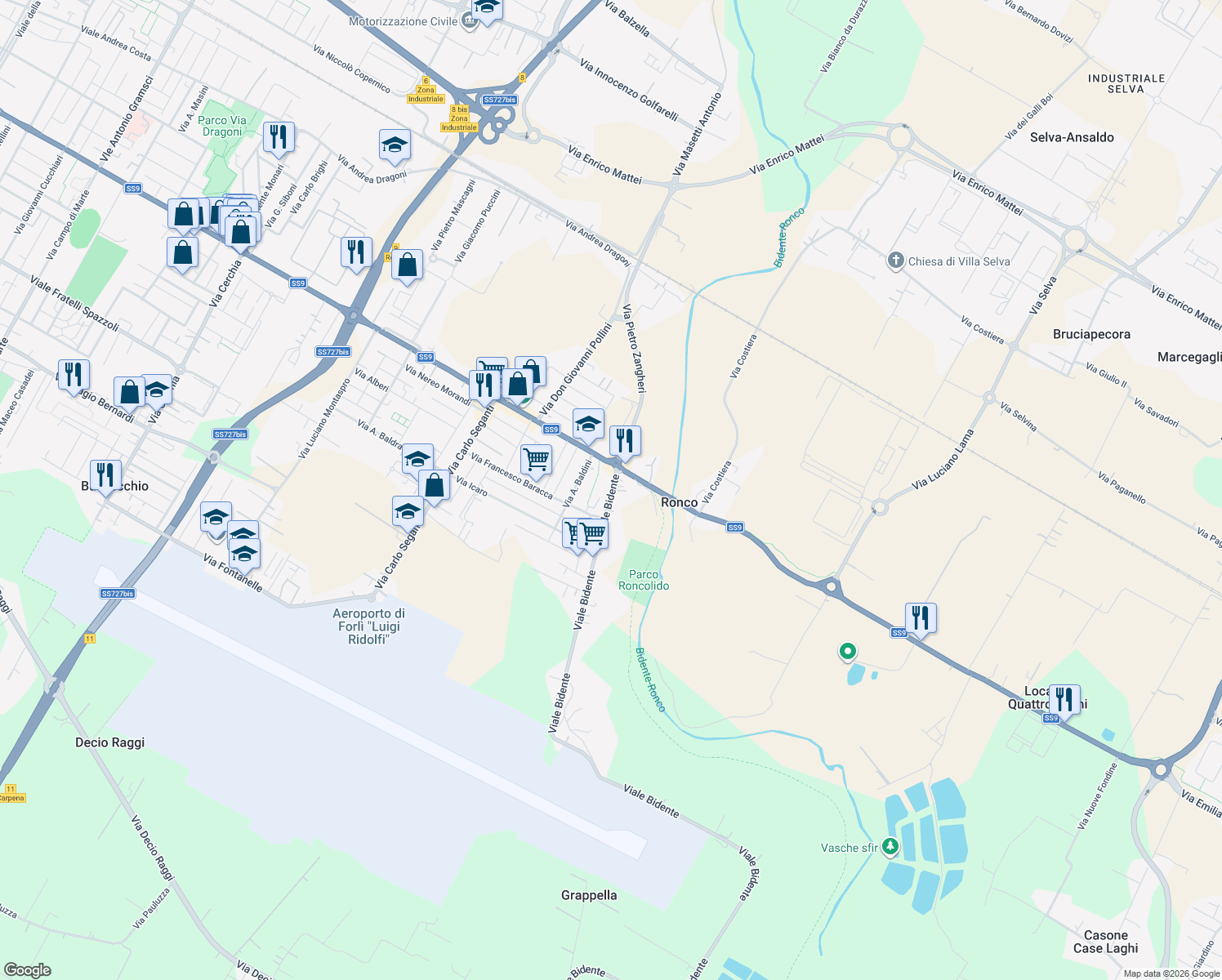 map of restaurants, bars, coffee shops, grocery stores, and more near 6 Via Borghetto Rotondo in Forlì