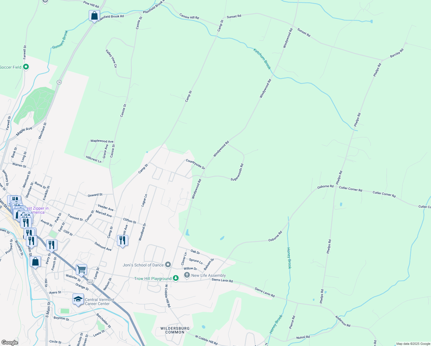 map of restaurants, bars, coffee shops, grocery stores, and more near 13 Sugarwoods Rd in Barre