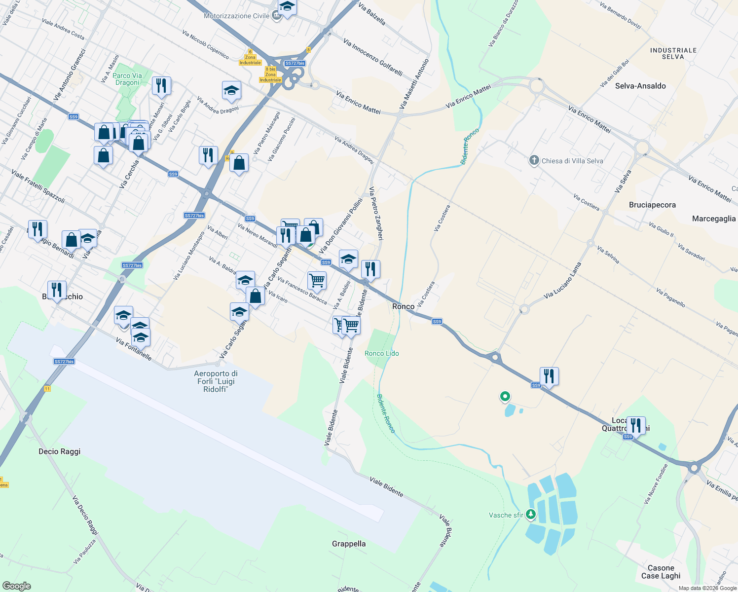 map of restaurants, bars, coffee shops, grocery stores, and more near 6 Via Borghetto Rotondo in Forlì