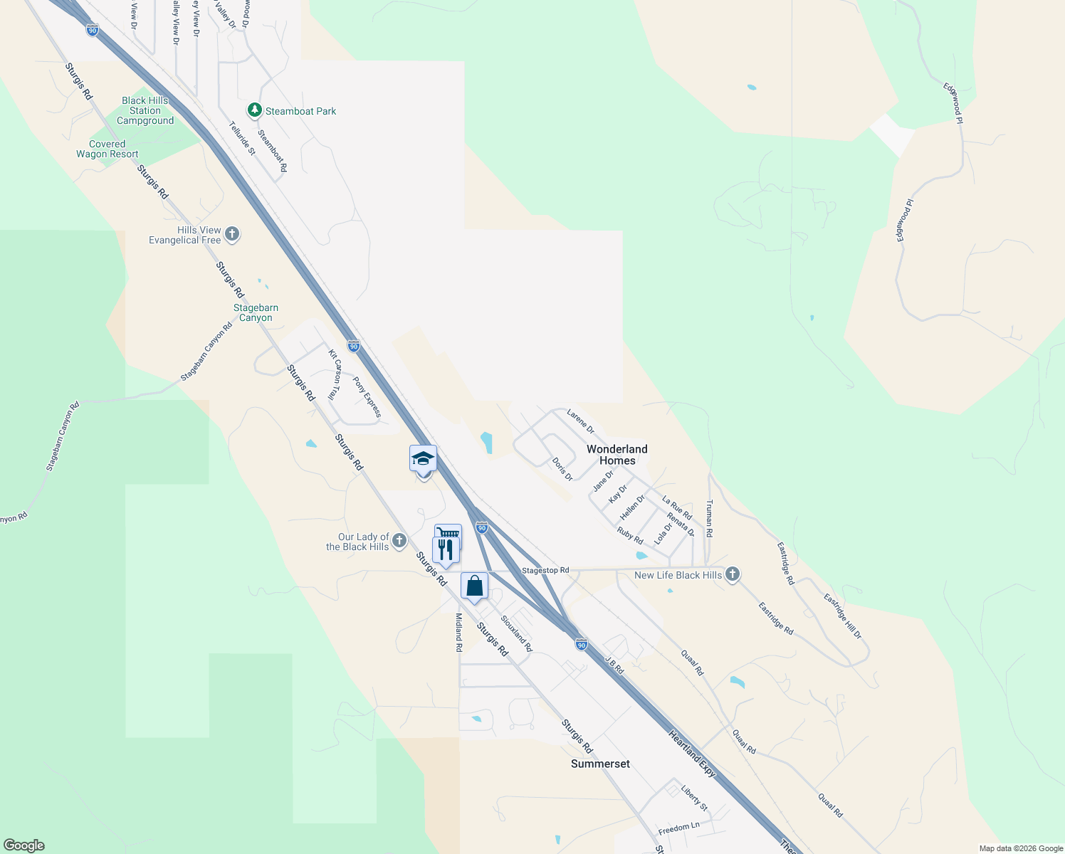 map of restaurants, bars, coffee shops, grocery stores, and more near 12999 Larene Dr in Blackhawk