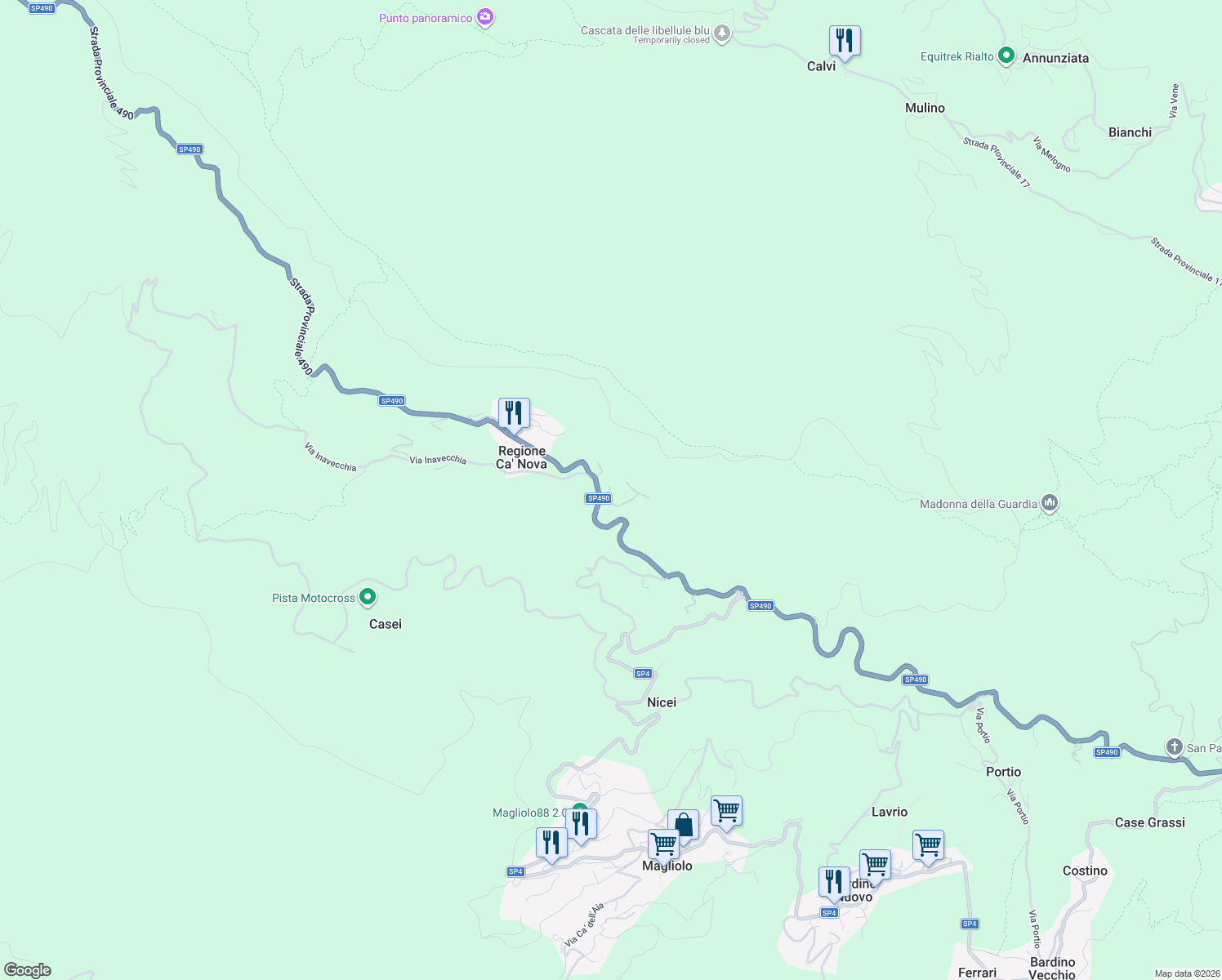 map of restaurants, bars, coffee shops, grocery stores, and more near 17 Strada Provinciale 490 in Provincia di Savona