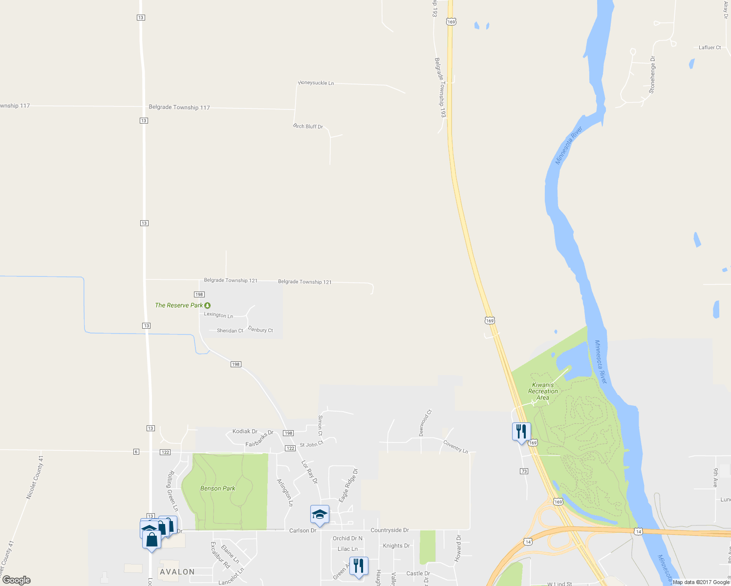 map of restaurants, bars, coffee shops, grocery stores, and more near 39099 Belgrade Township 121 in North Mankato