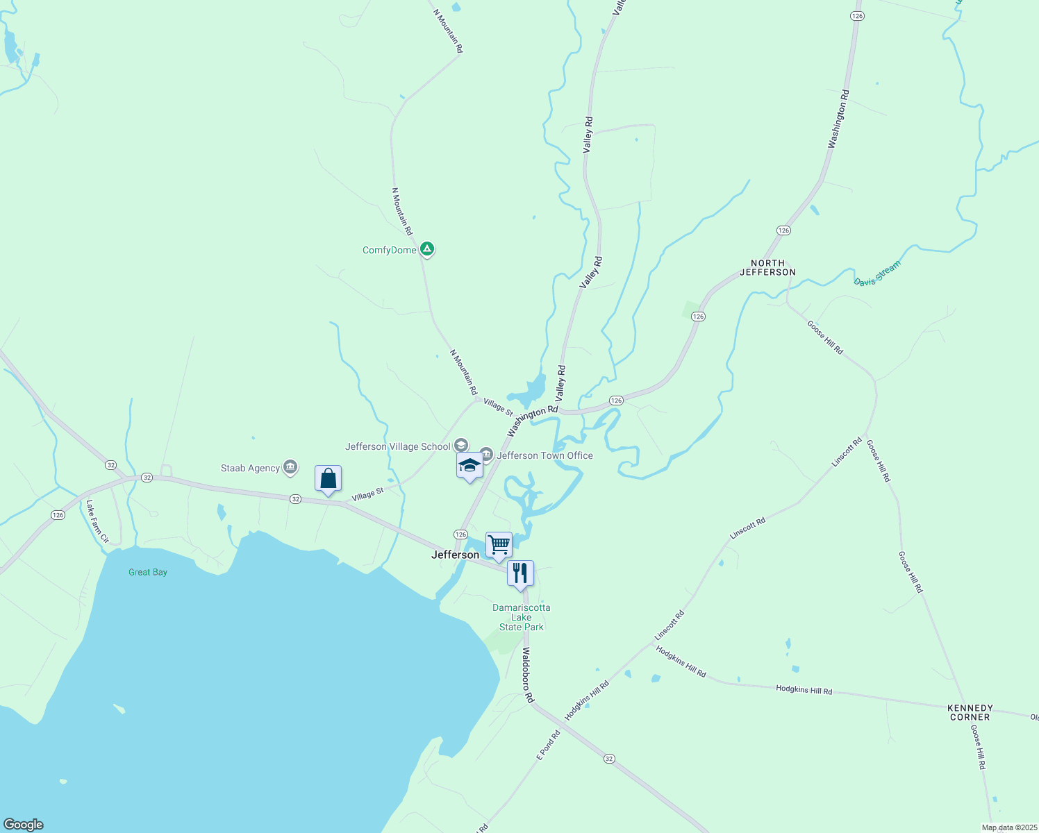 map of restaurants, bars, coffee shops, grocery stores, and more near 17 Village Street in Jefferson