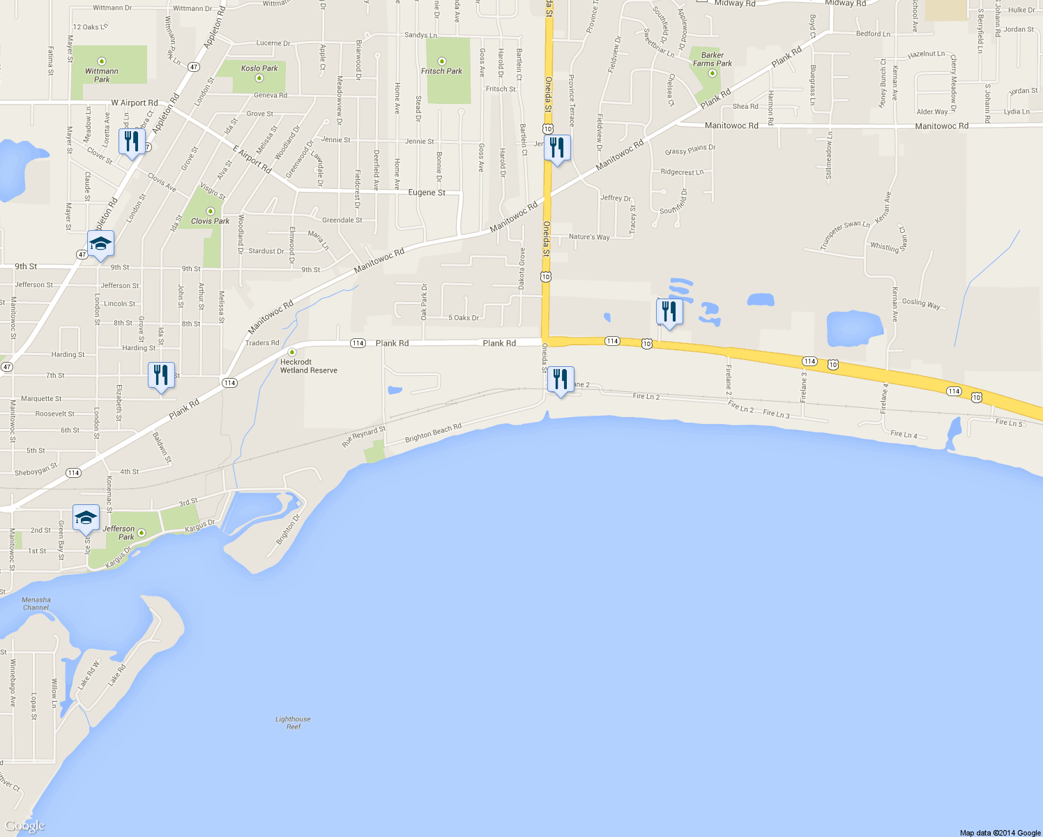 map of restaurants, bars, coffee shops, grocery stores, and more near 1801 Brighton Beach Road in Menasha