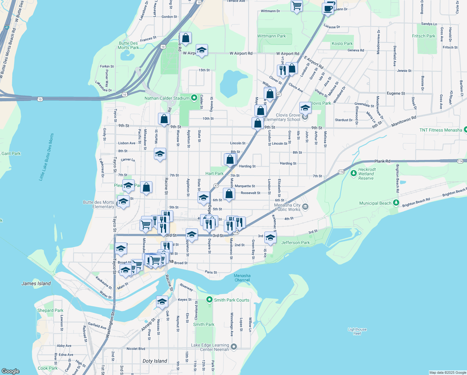 map of restaurants, bars, coffee shops, grocery stores, and more near 627 Manitowoc Street in Menasha