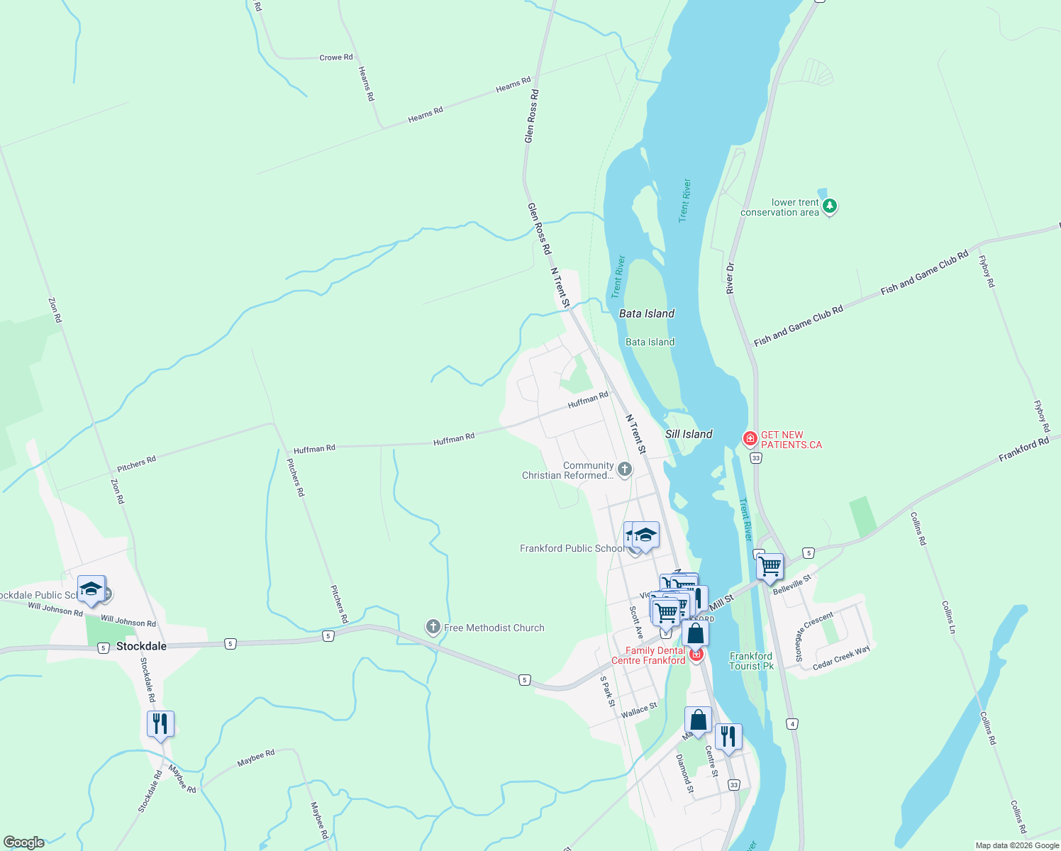 map of restaurants, bars, coffee shops, grocery stores, and more near 79 Huffman Road in Quinte West