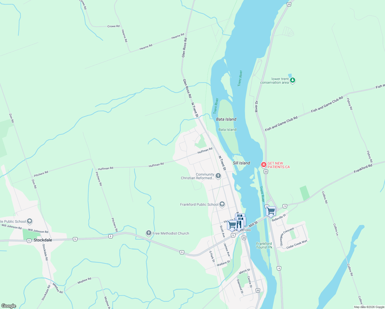 map of restaurants, bars, coffee shops, grocery stores, and more near 274 Huffman Road in Quinte West