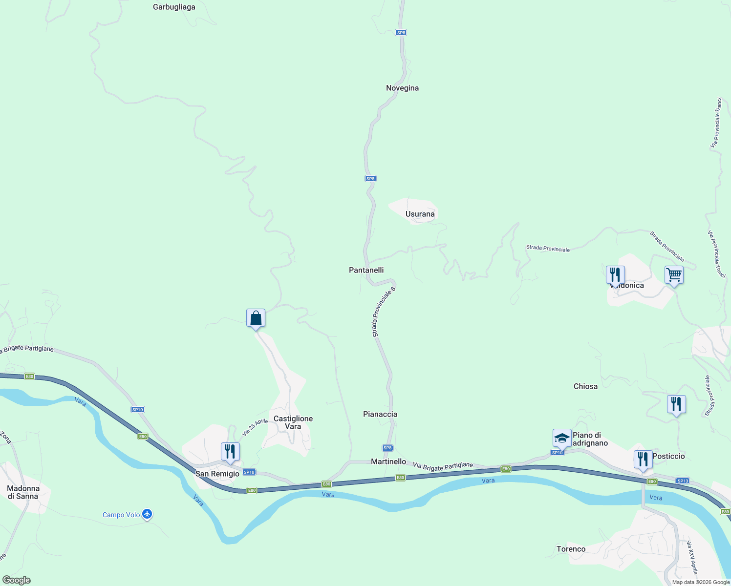 map of restaurants, bars, coffee shops, grocery stores, and more near 8 Via Provinciale in La Spezia
