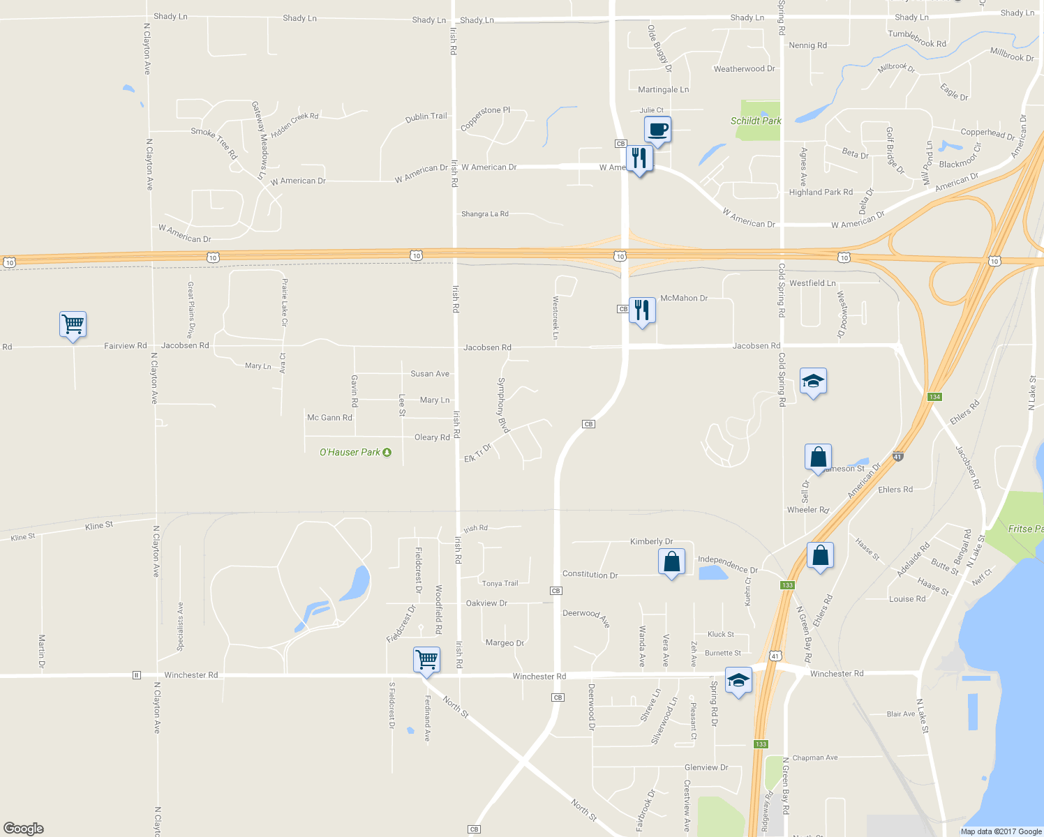 map of restaurants, bars, coffee shops, grocery stores, and more near 1630 Elk Tr Drive in Neenah