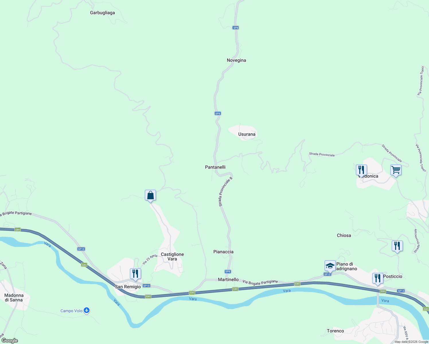 map of restaurants, bars, coffee shops, grocery stores, and more near Strada Provinciale 8 in La Spezia