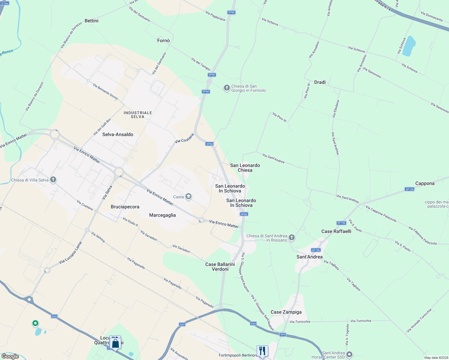 map of restaurants, bars, coffee shops, grocery stores, and more near 28 Via Casette in San Leonardo In Schiova