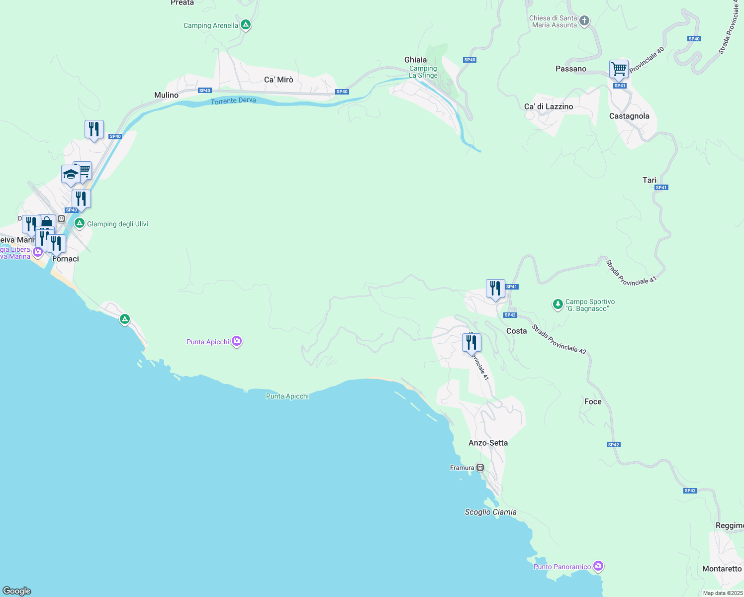 map of restaurants, bars, coffee shops, grocery stores, and more near 3 Località Foce del Prato in Provincia della Spezia