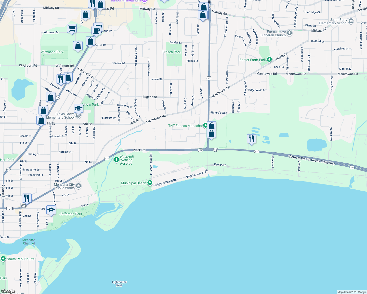 map of restaurants, bars, coffee shops, grocery stores, and more near 1706 Plank Rd in Menasha