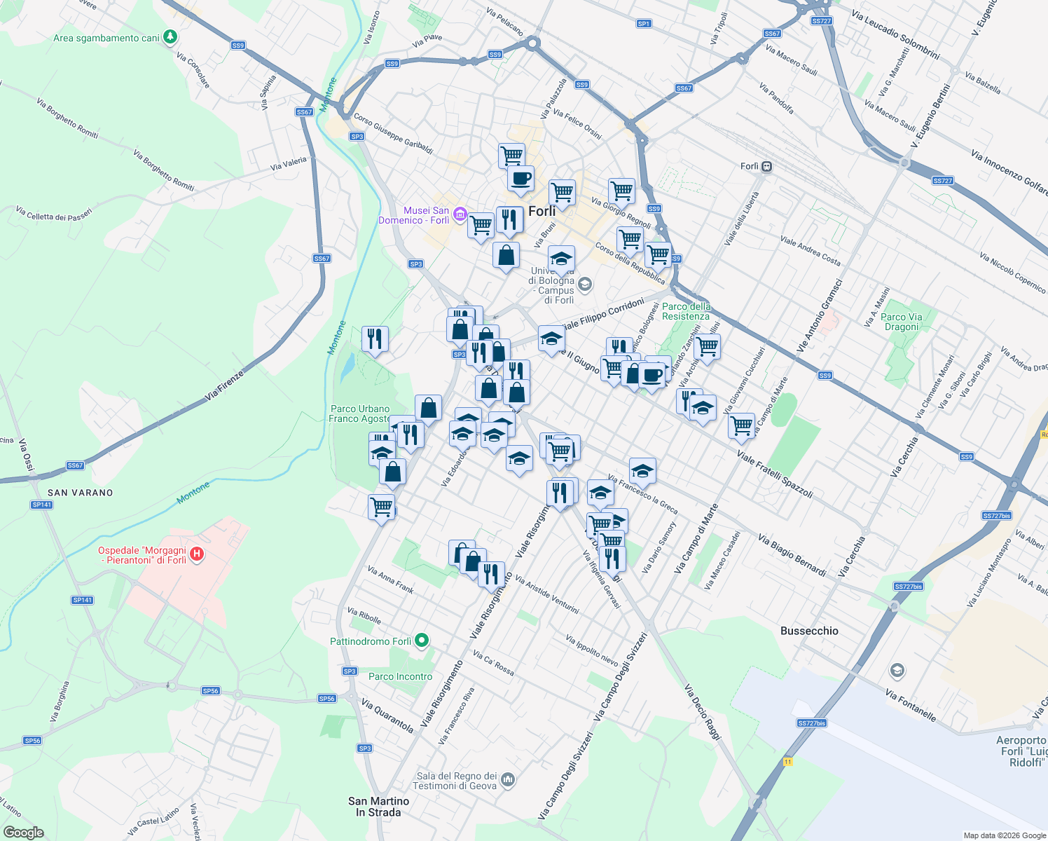 map of restaurants, bars, coffee shops, grocery stores, and more near 31-67 Via Decio Raggi in Forli