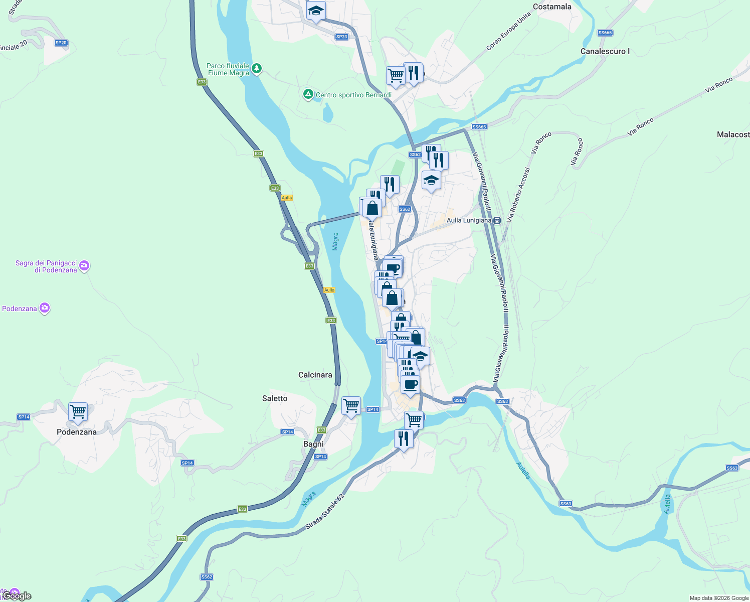 map of restaurants, bars, coffee shops, grocery stores, and more near 93 Piazza 8 Marzo in Aulla