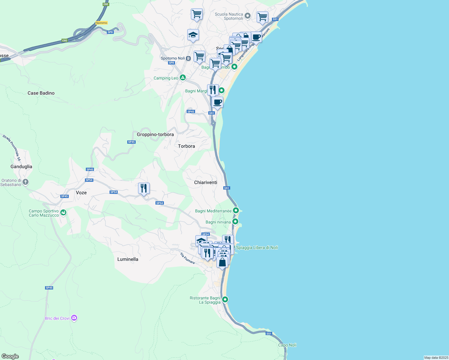 map of restaurants, bars, coffee shops, grocery stores, and more near 8 Strada Statale 1 in Provincia di Savona