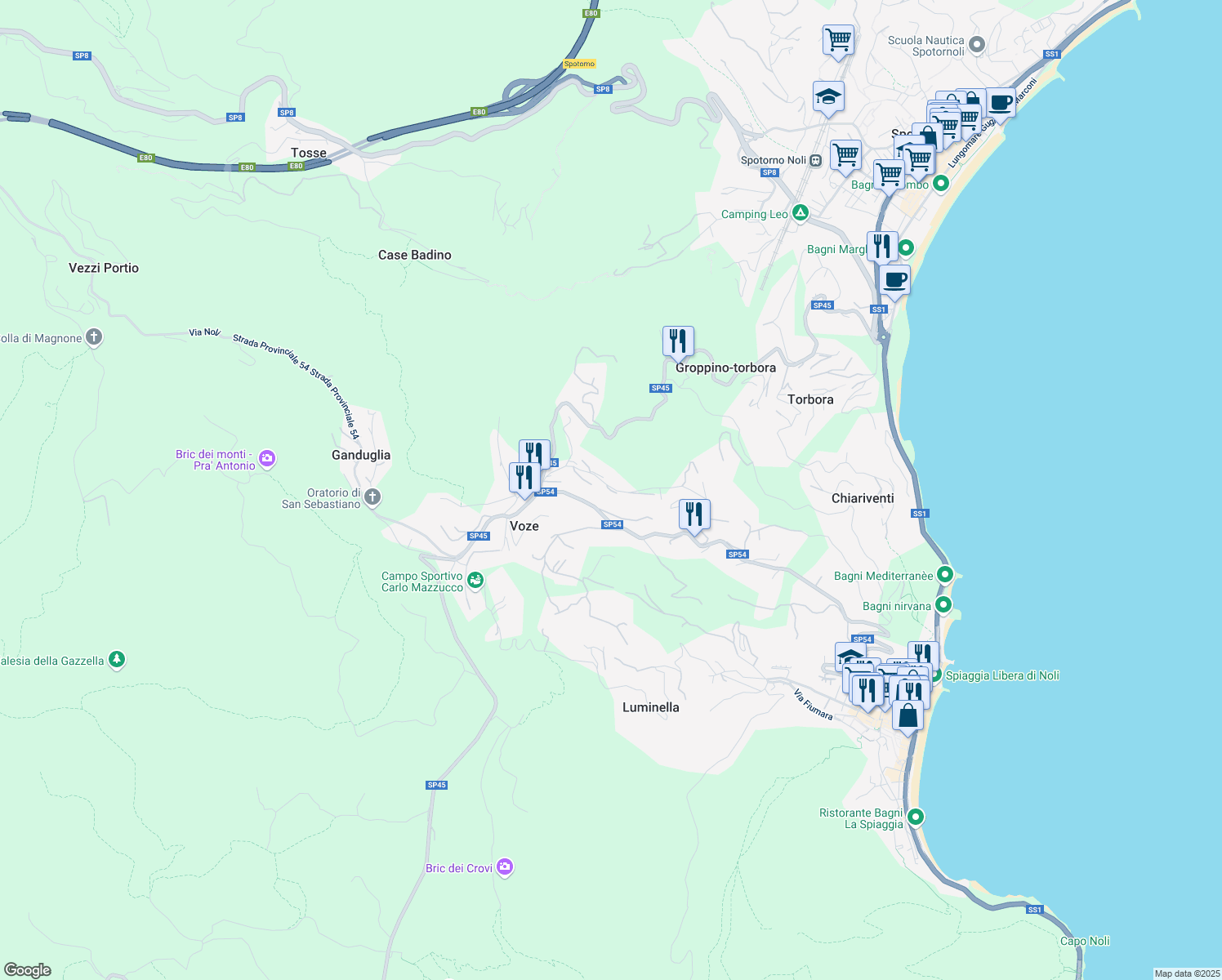 map of restaurants, bars, coffee shops, grocery stores, and more near 21 Regione Costa in Voze
