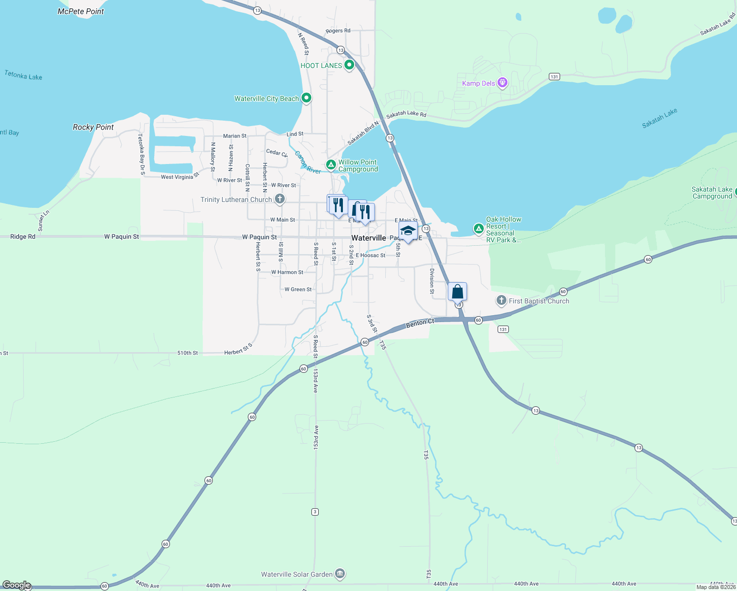 map of restaurants, bars, coffee shops, grocery stores, and more near 725 South 3rd Street in Waterville