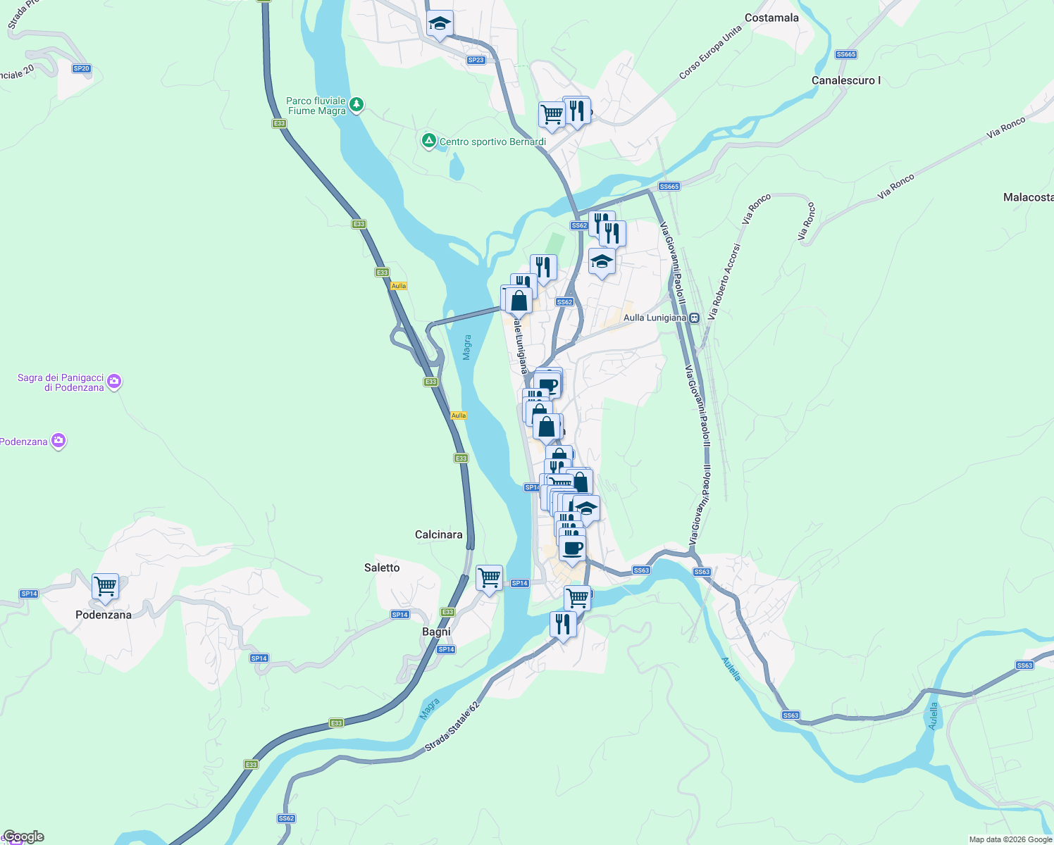 map of restaurants, bars, coffee shops, grocery stores, and more near 93 Piazza 8 Marzo in Aulla