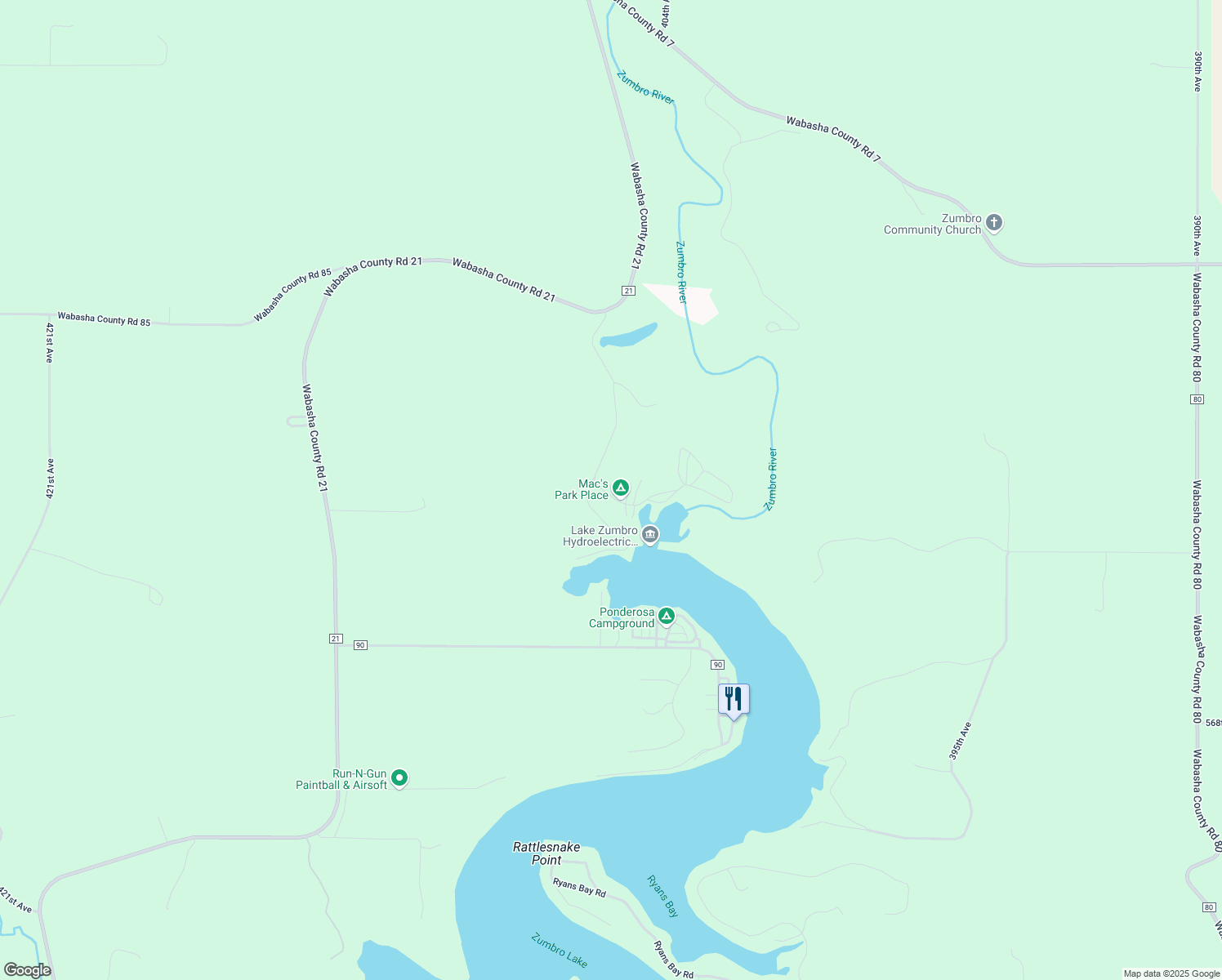 map of restaurants, bars, coffee shops, grocery stores, and more near 57489 406th Avenue in Mazeppa