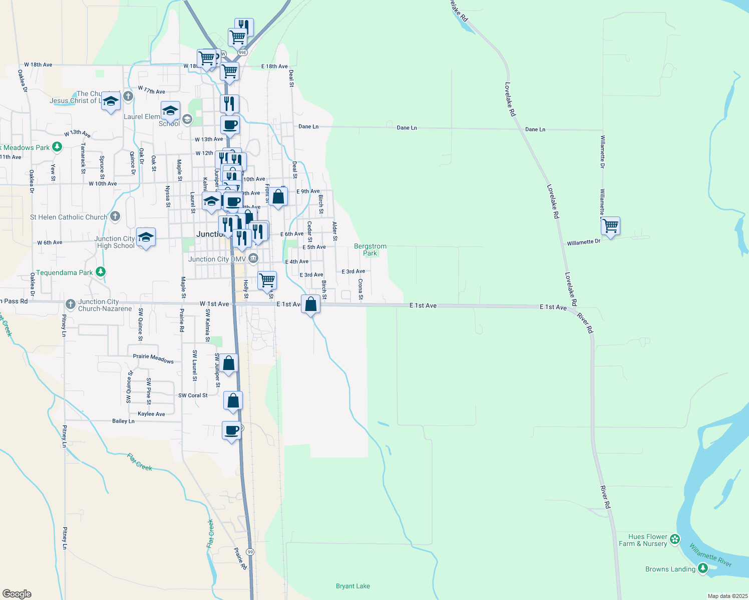 map of restaurants, bars, coffee shops, grocery stores, and more near 60 Dorsa Street in Junction City