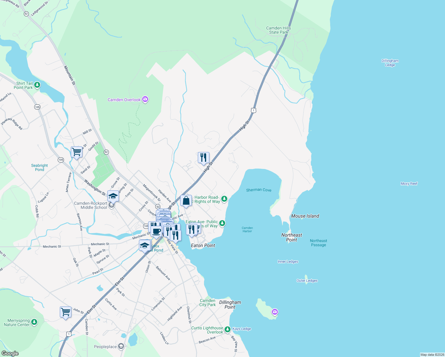 map of restaurants, bars, coffee shops, grocery stores, and more near 15 Marine Avenue in Camden