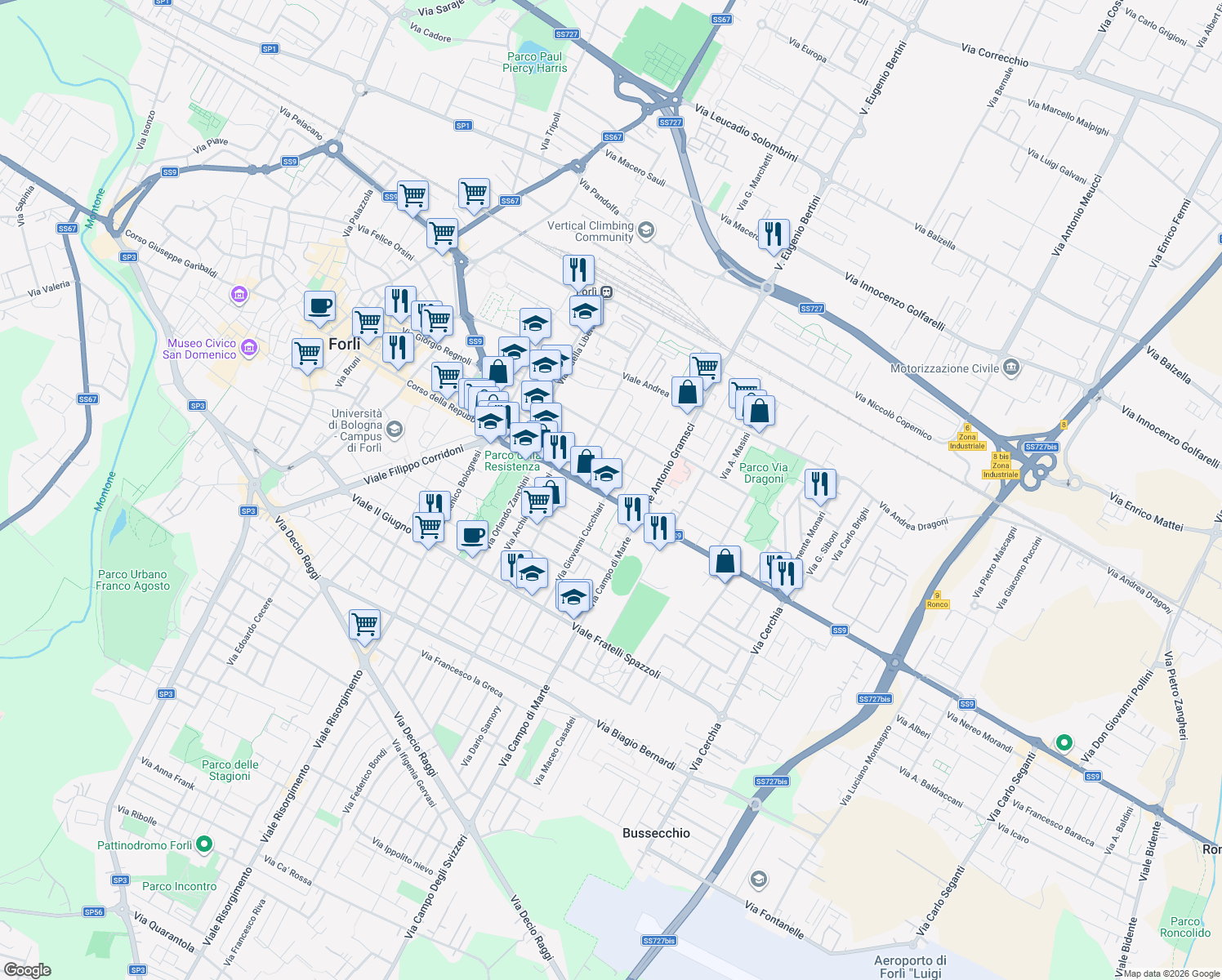 map of restaurants, bars, coffee shops, grocery stores, and more near 19 Via Ugo Foscolo in Forli
