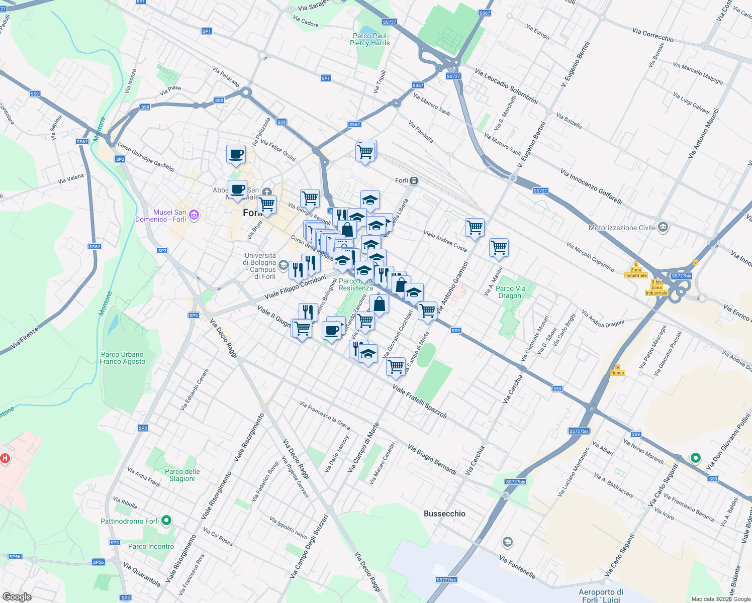 map of restaurants, bars, coffee shops, grocery stores, and more near 13 Via Orlando Zanchini in Forlì