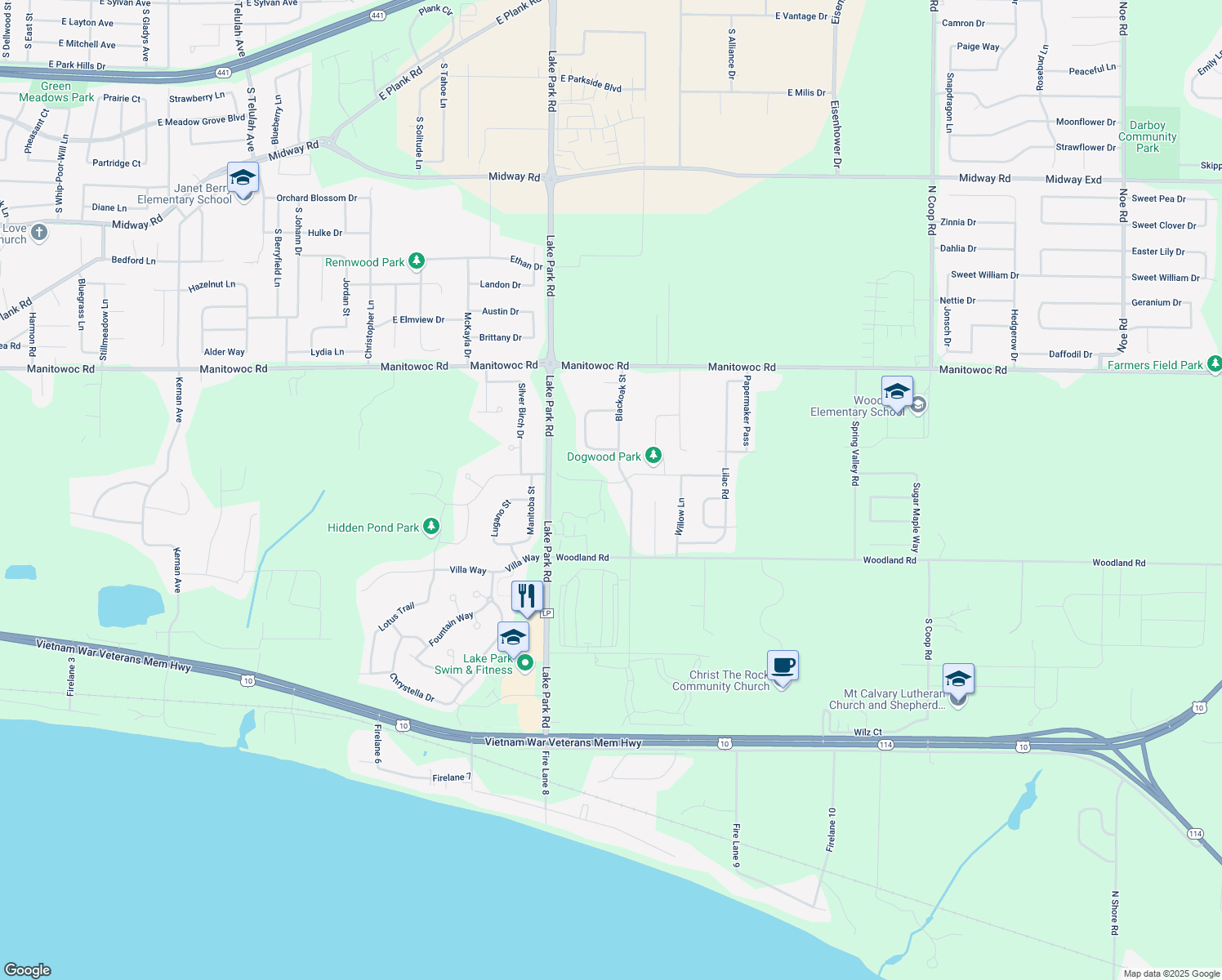map of restaurants, bars, coffee shops, grocery stores, and more near W6433 Dogwood Lane in Menasha