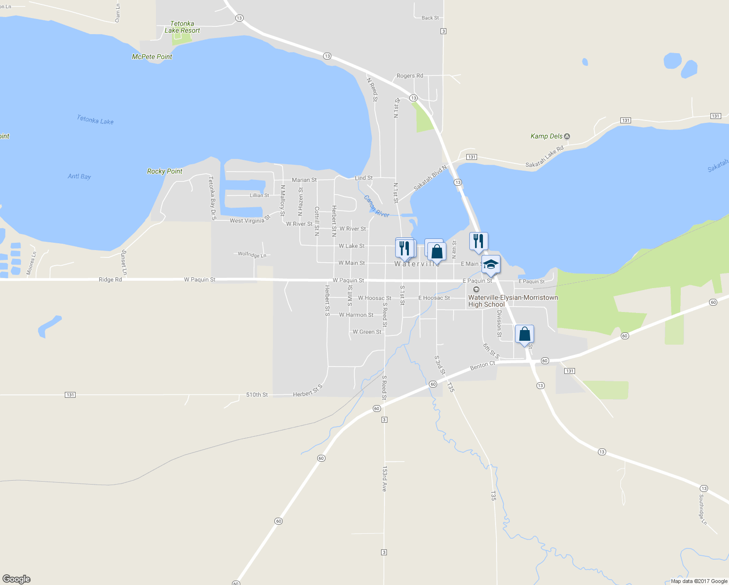 map of restaurants, bars, coffee shops, grocery stores, and more near 220 Buchannon Street South in Waterville