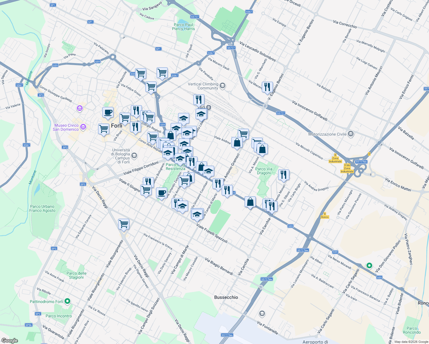 map of restaurants, bars, coffee shops, grocery stores, and more near 19 Via Ugo Foscolo in Forlì