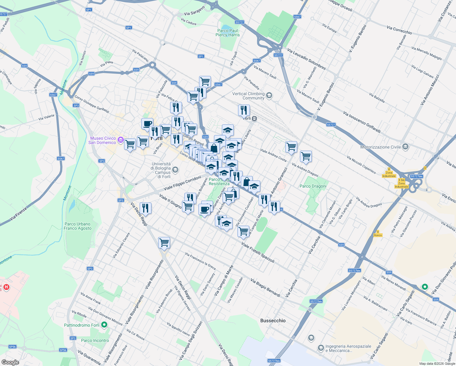map of restaurants, bars, coffee shops, grocery stores, and more near 13 Via Orlando Zanchini in Forlì