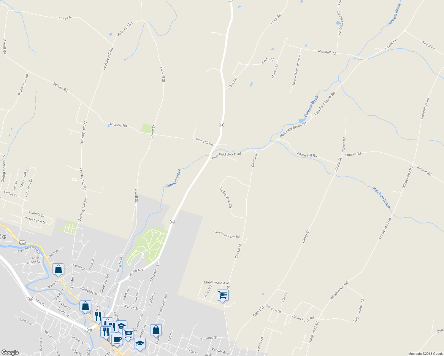 map of restaurants, bars, coffee shops, grocery stores, and more near 80 Valley View Circle in Barre