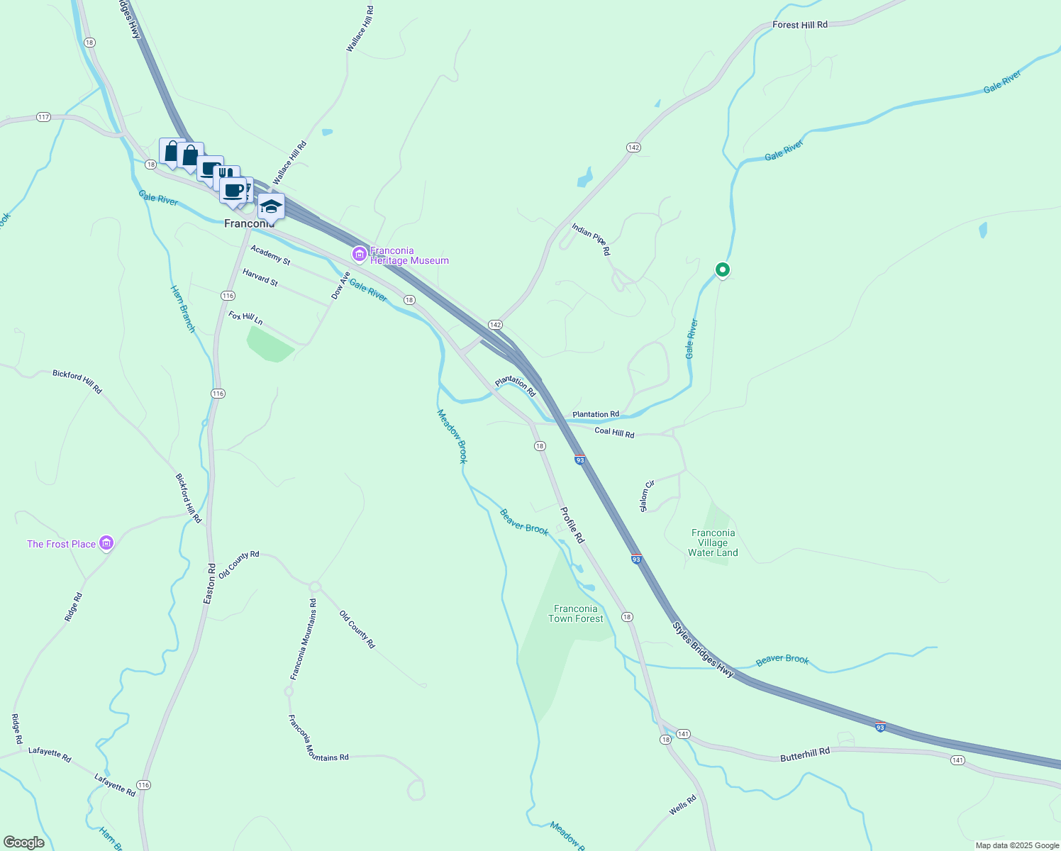 map of restaurants, bars, coffee shops, grocery stores, and more near 75 Annies Moonlight Drive in Franconia